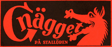 Logo på Gnägget, svart botten med röd logo där ordet Gnägget kommer ur munnen på en häst. Lägst ner texten På Stallören
